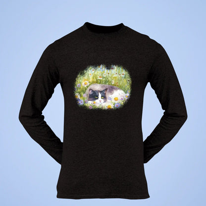Cozy black long sleeve shirt featuring enchanting watercolor cat design with blooming daisies artwork - Άνετο μαύρο μακρυμάνικο μπλουζάκι με μαγευτικό watercolor σχέδιο γάτας με μαργαρίτες