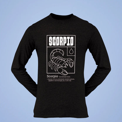 Cozy black long sleeve t-shirt with Scorpio print perfect for enigmatic astrology fashion - Ζεστό μαύρο μακρυμάνικο μπλουζάκι με έντυπο σκορπιού ιδανικό για αινιγματική αστρολογική μόδα