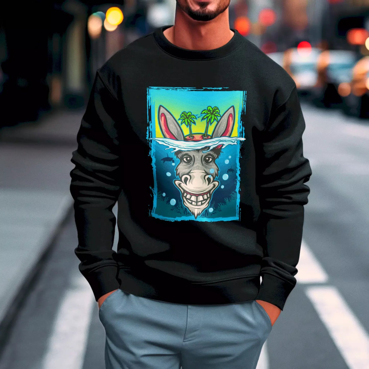 Cozy black pullover with playful donkey design – Ζεστό μαύρο φούτερ με παιχνιδιάρικο σχέδιο γαϊδάρου