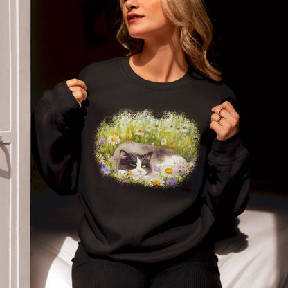 Cozy black sweatshirt featuring magical watercolor cat artwork with colorful daisies and meadow design - Άνετο μαύρο φούτερ με μαγικό watercolor έργο τέχνης γάτας με πολύχρωμες μαργαρίτες