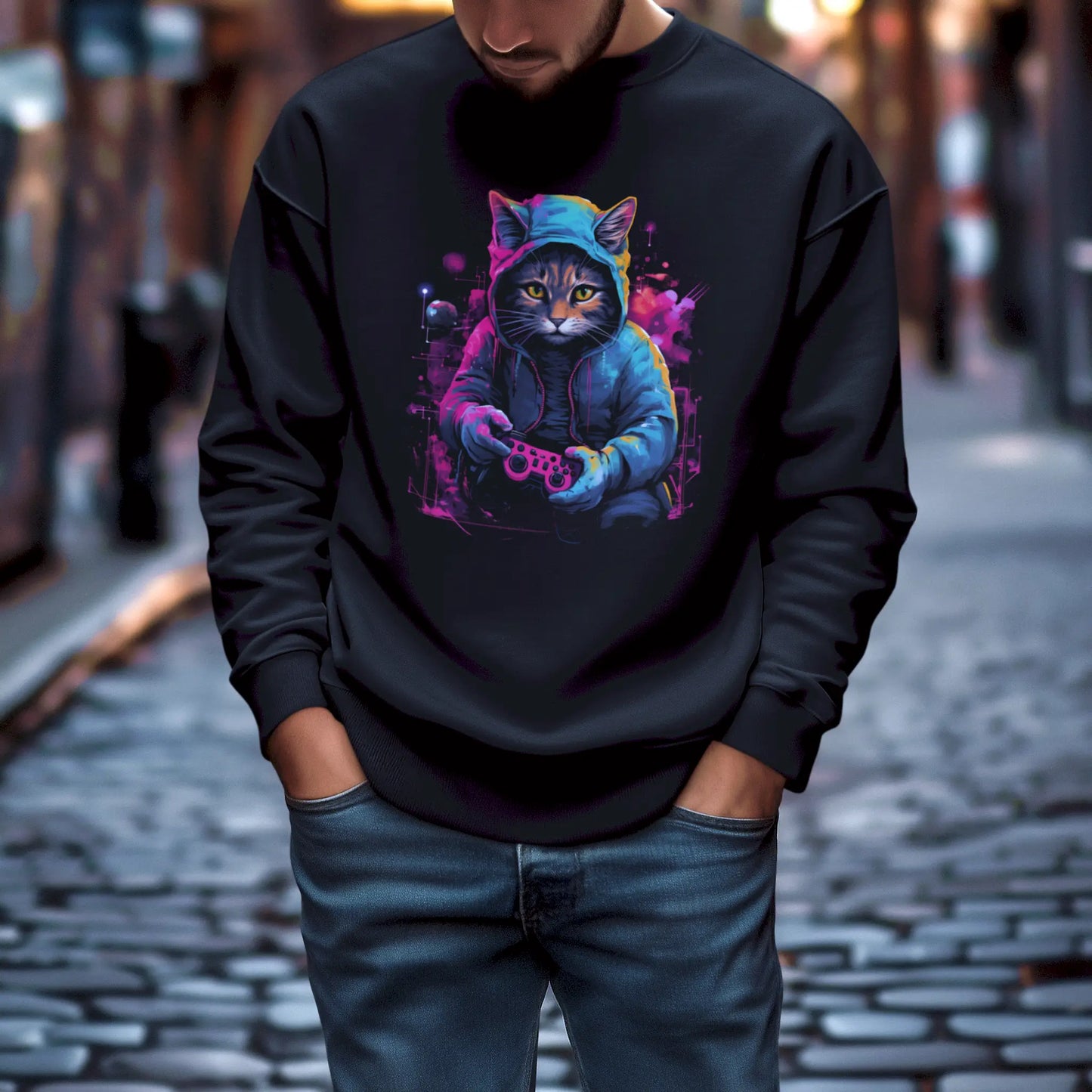 Cozy black sweatshirt with cyberpunk gaming cat design for ultimate comfort - άνετο μαύρο φούτερ με κυβερνοπάνκ gaming γάτα σχέδιο για απόλυτη άνεση
