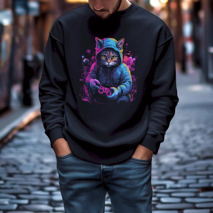 Cozy black sweatshirt with cyberpunk gaming cat design for ultimate comfort - άνετο μαύρο φούτερ με κυβερνοπάνκ gaming γάτα σχέδιο για απόλυτη άνεση