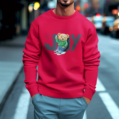 Cozy red sweatshirt with funny teddy print – Ζεστή κόκκινη φούτερ με παιχνιδιάρικο σχέδιο αρκουδιού.