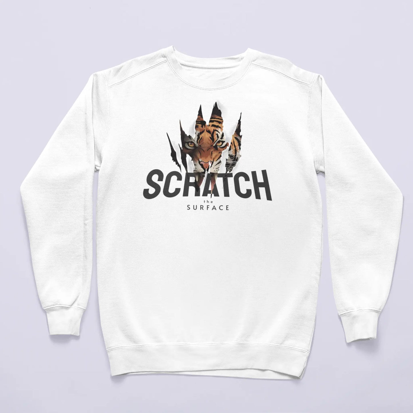 Cozy white crewneck sweatshirt featuring the artistic and abstract Scratch the surface print. — Ζεστό λευκό φούτερ λαιμόκοψη με το καλλιτεχνικό και αφηρημένο τύπωμα Scratch the surface
