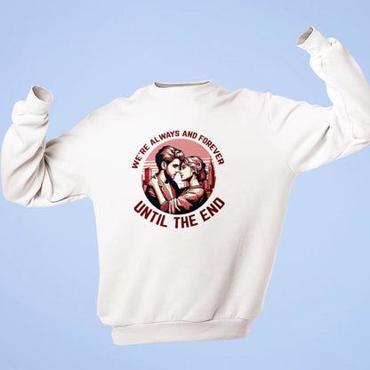 Cozy white sweatshirt for couples with a romantic silhouette design, ideal for romantic cozy nights together / Άνετο λευκό φούτερ για ζευγάρια με ρομαντικό σχέδιο σιλουέτας, ιδανικό για ρομαντικές βραδιές.