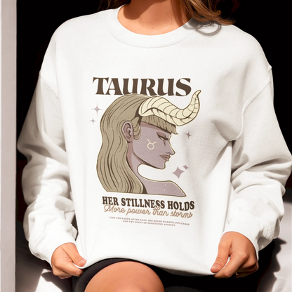 Cozy white sweatshirt with calm Taurus woman illustration and zodiac elegance – Άνετο λευκό φούτερ με γαλήνια απεικόνιση Ταυρίνας και αστρολογική κομψότητα.