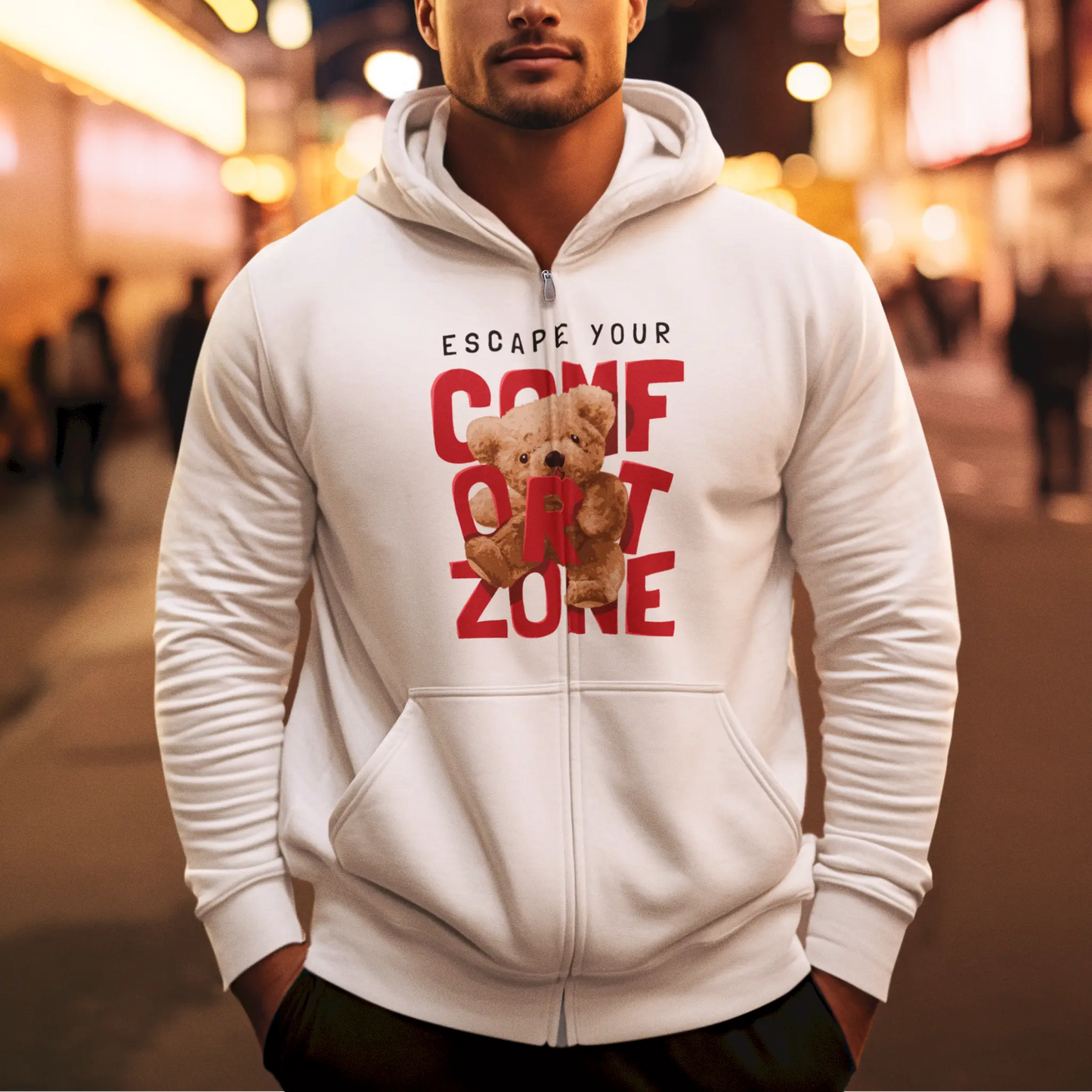 Cozy white zip-up hoodie featuring cute brown bear inspirational design – Άνετο λευκό zip-up hoodie με χαριτωμένο καφέ αρκούδι εμπνευστικό design