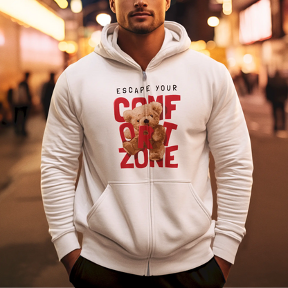 Cozy white zip-up hoodie featuring cute brown bear inspirational design – Άνετο λευκό zip-up hoodie με χαριτωμένο καφέ αρκούδι εμπνευστικό design