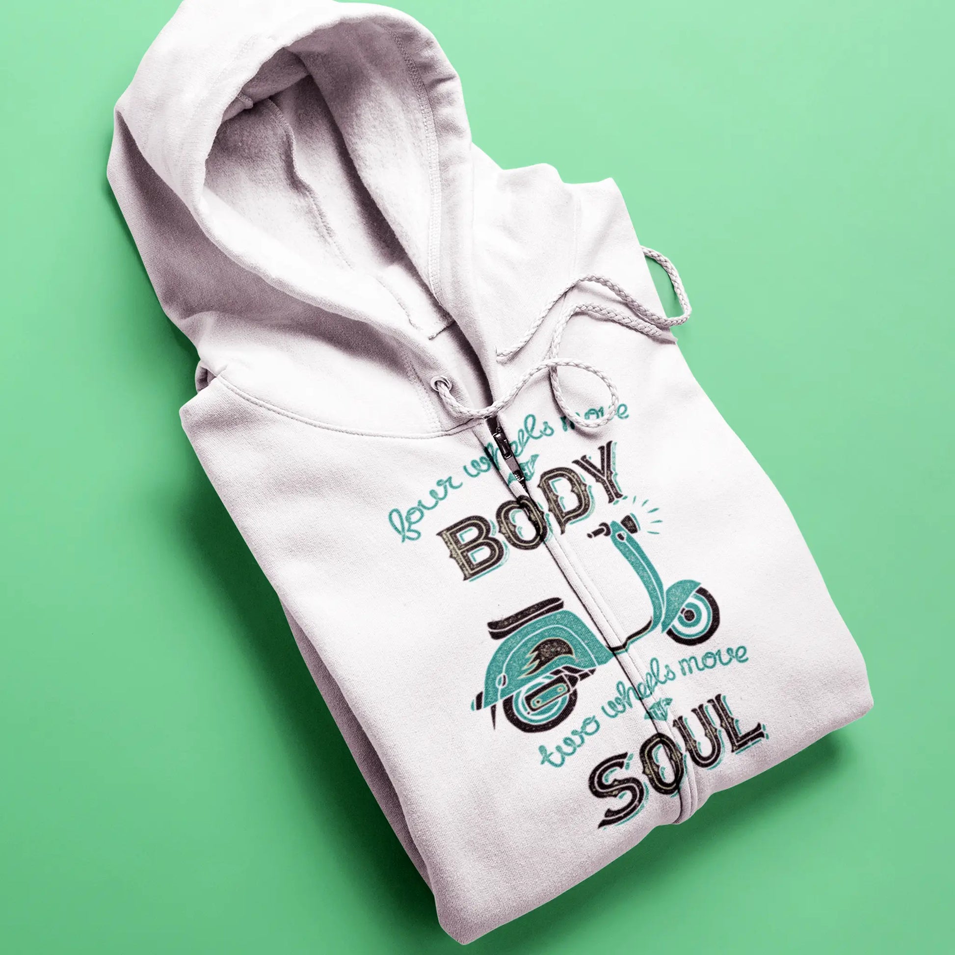 Cozy white zipped sweat featuring retro motorcycle print - Άνετη άσπρη ζακέτα με ρετρό μοτοσικλέτα