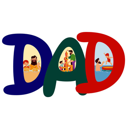 Creative DAD word art with father and kids activities illustration | Δημιουργικό σχέδιο με τη λέξη DAD και εικονογράφηση δραστηριοτήτων μπαμπά και παιδιών