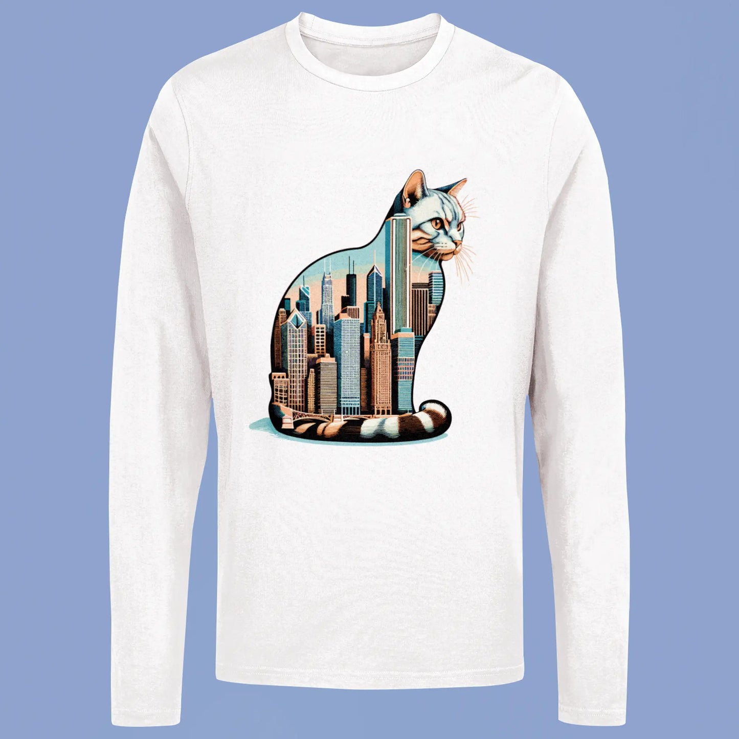 Creative cat meets city graphic on white sleeve tee – Γραφικό γάτας και Σικάγο σε λευκό μακρυμάνικο μπλουζάκι
