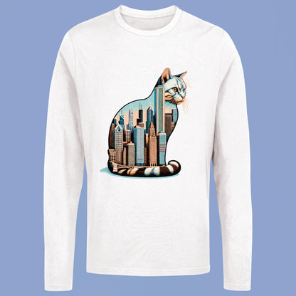 Creative cat meets city graphic on white sleeve tee – Γραφικό γάτας και Σικάγο σε λευκό μακρυμάνικο μπλουζάκι