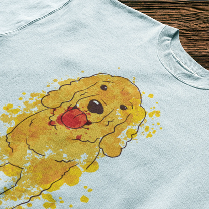 Crisp white dog t-shirt featuring a lovable Cocker Spaniel painted in watercolor — Φρέσκια λευκή μπλούζα με έναν αξιαγάπητο Cocker ζωγραφισμένο σε υδατογραφία.