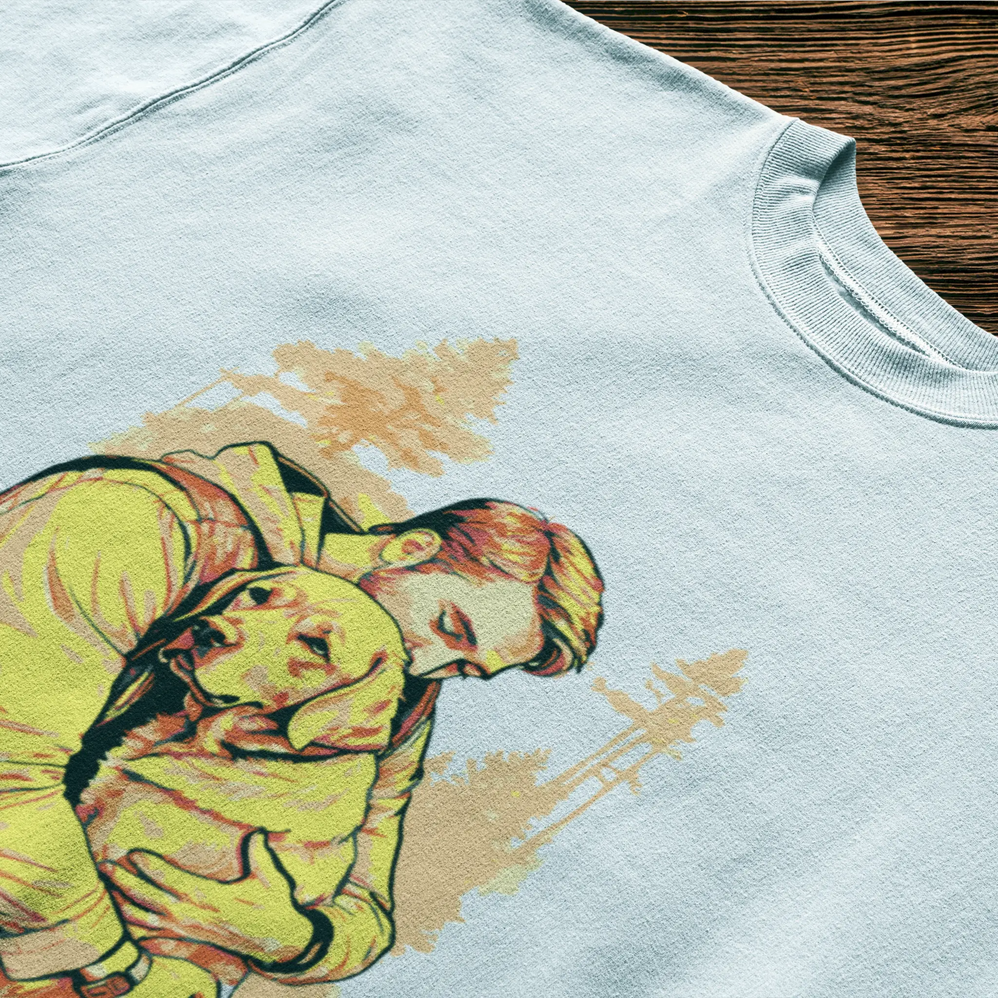 Crisp white tee showcasing the emotional bond between a man and his dog in a yellow-red art style – Λευκή μπλούζα που αποτυπώνει τον συναισθηματικό δεσμό άντρα και σκύλου με έντονα ζεστά χρώματα.