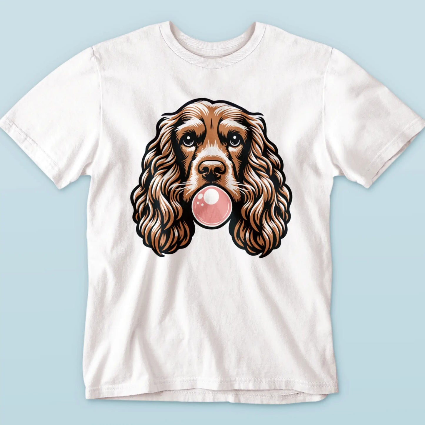 Curly-haired spaniel creates the perfect bubblegum moment on white shirt design. Ο κατσαρομάλλης σπάνιελ δημιουργεί την τέλεια στιγμή τσίχλας στο λευκό σχέδιο μπλούζας