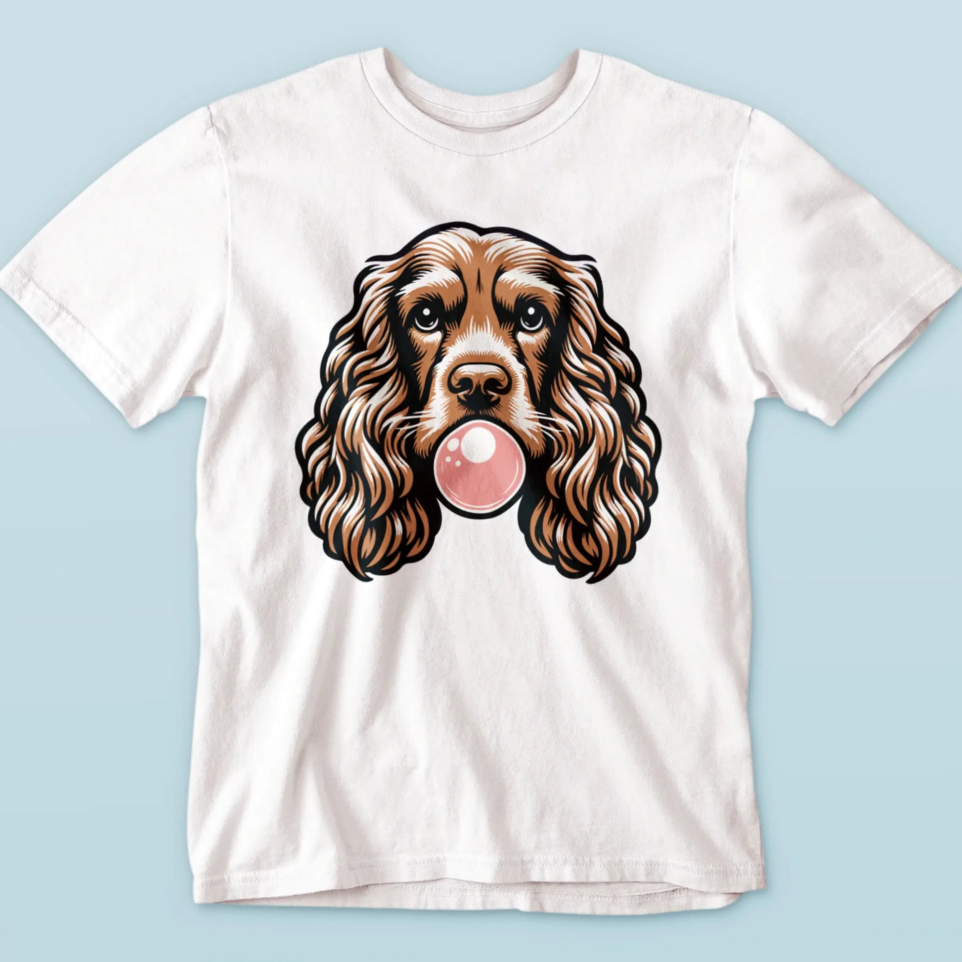 Curly-haired spaniel creates the perfect bubblegum moment on white shirt design. Ο κατσαρομάλλης σπάνιελ δημιουργεί την τέλεια στιγμή τσίχλας στο λευκό σχέδιο μπλούζας