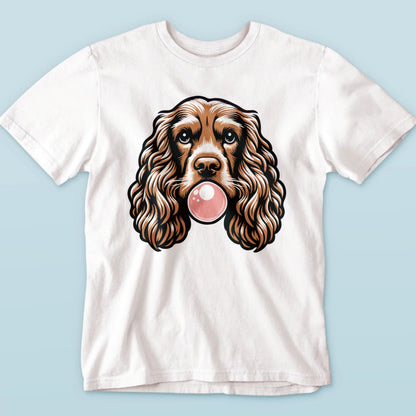 Curly-haired spaniel creates the perfect bubblegum moment on white shirt design. Ο κατσαρομάλλης σπάνιελ δημιουργεί την τέλεια στιγμή τσίχλας στο λευκό σχέδιο μπλούζας
