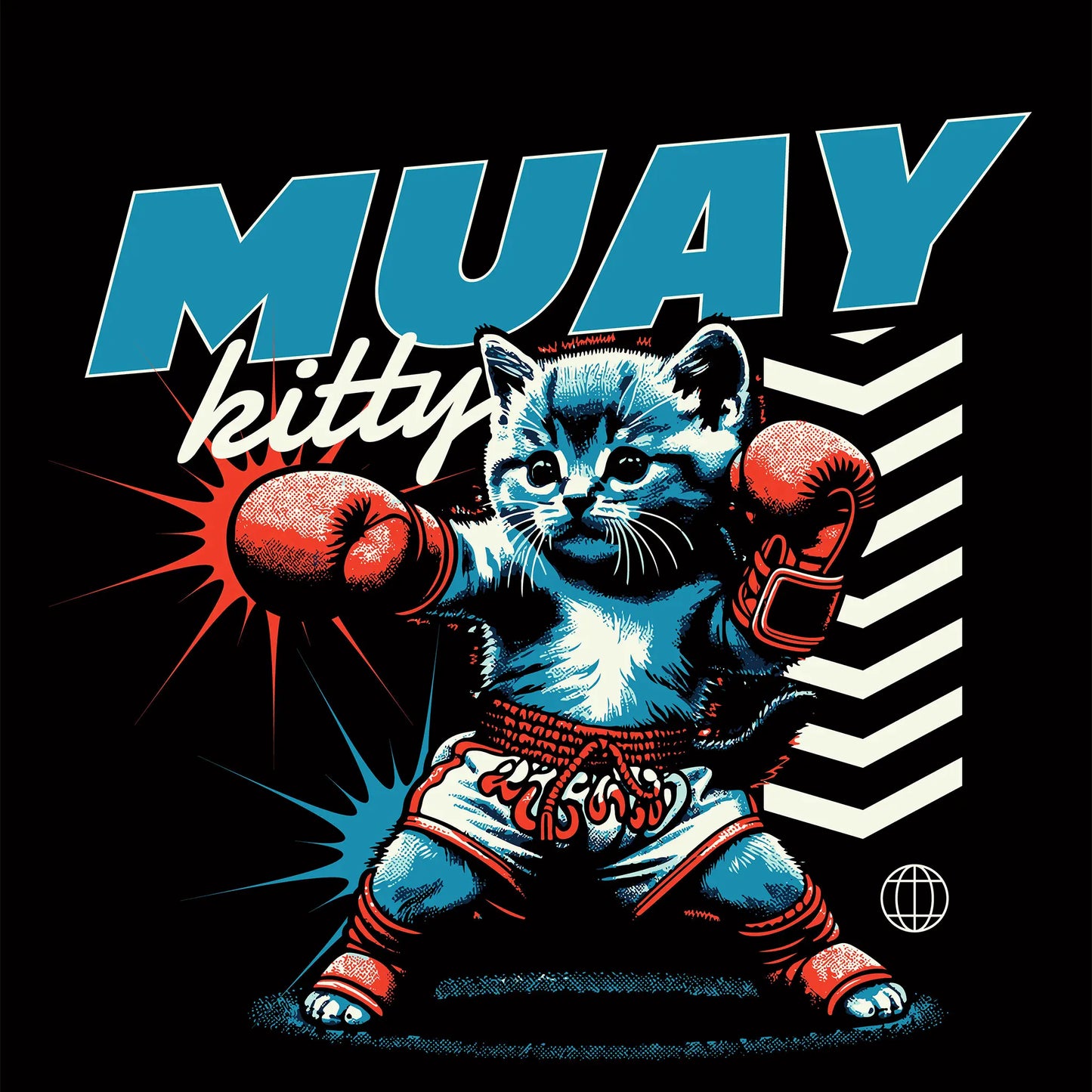 Cute Muay Thai kitten in red boxing gloves and shorts – Playful retro design blending feline charm and fighting spirit – Γατάκι ντυμένο μαχητής με comic αισθητική και χιούμορ