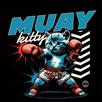 Cute Muay Thai kitten in red boxing gloves and shorts – Playful retro design blending feline charm and fighting spirit – Γατάκι ντυμένο μαχητής με comic αισθητική και χιούμορ