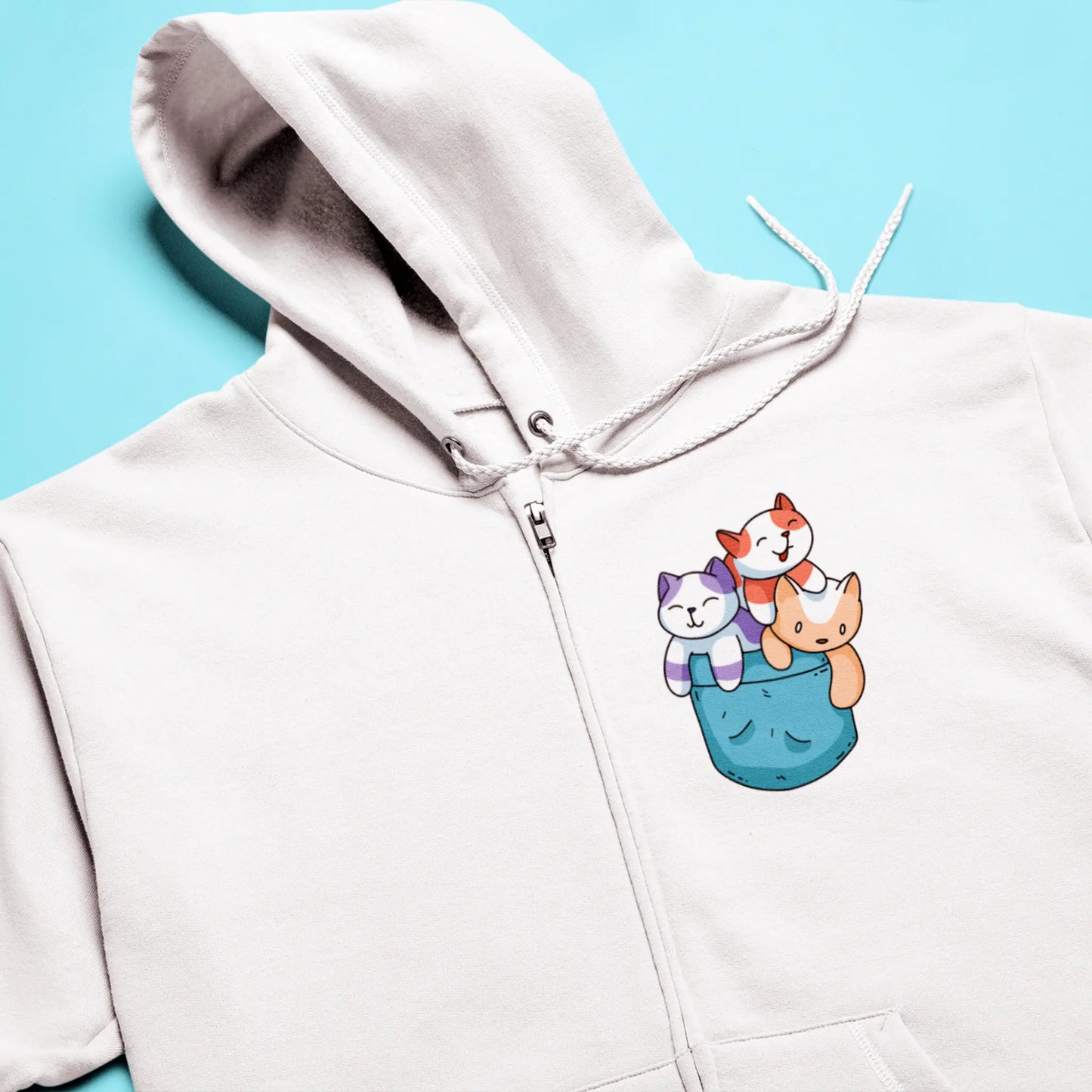 Cute colorful kittens white zip hoodie playful design kawaii style comfortable - Χαριτωμένα χρωματιστά γατάκια σε λευκή ζακέτα με κουκούλα και παιχνιδιάρικο σχέδιο