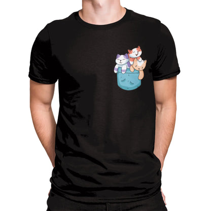 Cute kawaii cats trio in turquoise pocket black t-shirt casual streetwear design - Χαριτωμένες γατούλες kawaii σε τιρκουάζ τσεπάκι μαύρο μπλουζάκι casual streetwear σχέδιο