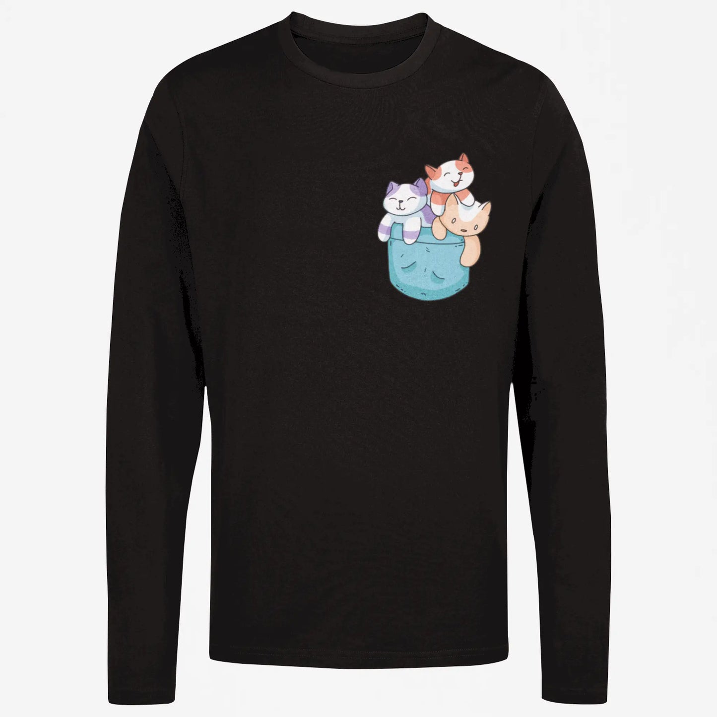 Cute kawaii style kitten trio black comfortable long sleeve tee with pocket design - Χαριτωμένα γατάκια σε μαύρη μακρυμάνικη μπλούζα μέσα σε τσεπάκι