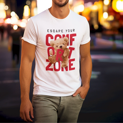 Cute teddy bear with escape comfort zone message on white t-shirt – Χαριτωμένο αρκουδάκι με μήνυμα εξόδου από comfort zone σε λευκό μπλουζάκι
