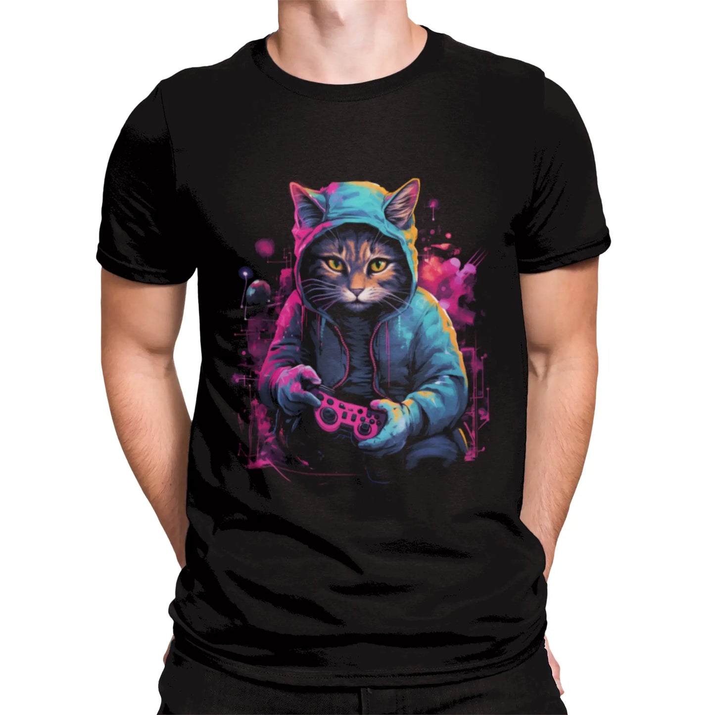 Cyberpunk gaming cat with neon controller printed on black comfortable tee - κυβερνοπάνκ γάτα gaming με νέον χειριστήριο σε μαύρο άνετο μπλουζάκι