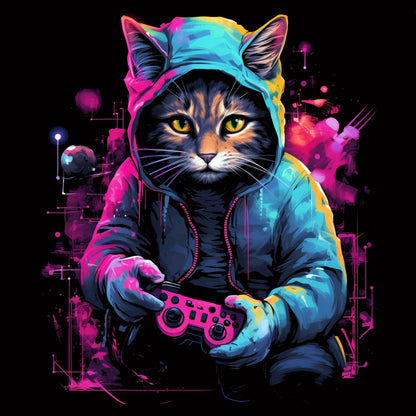 Cyberpunk style cat wearing hoodie holding pink gaming controller with neon lights and futuristic digital elements - κυβερνοπάνκ στιλ γάτα με κουκούλα κρατώντας ροζ χειριστήριο gaming με νέον φώτα