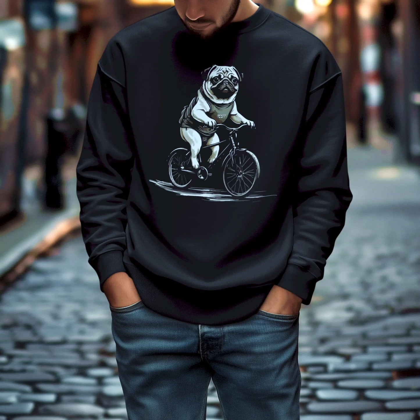 Cycling dog cartoon design on fleece-lined black sweatshirt | Cartoon pug σε ποδήλατο σε μαύρο φούτερ με fleece επένδυση