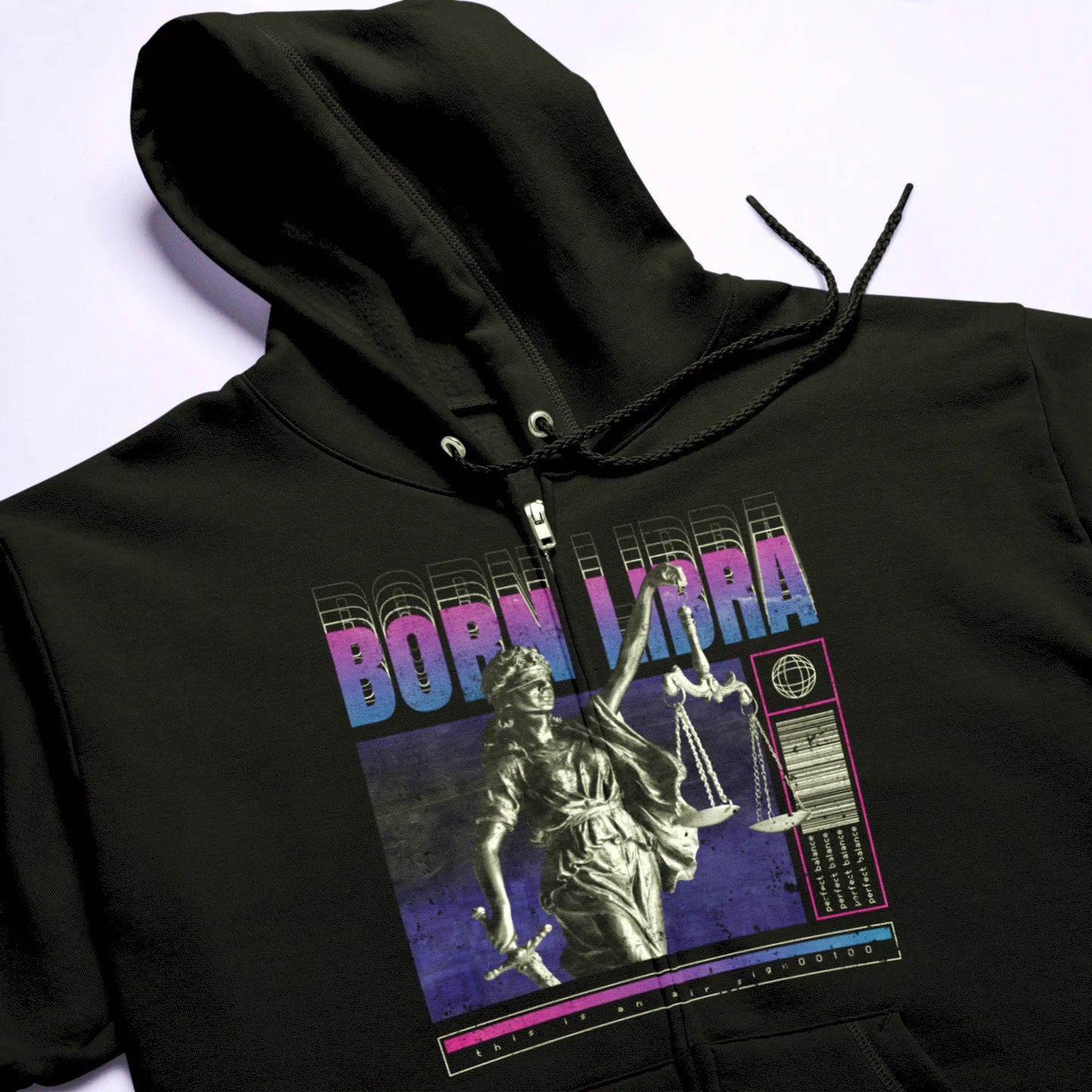 Dark Libra zip-up hoodie featuring elegant design and text about balance and scales symbolism / Σκούρη ζακέτα Ζυγός με κομψό σχέδιο και κείμενο για ισορροπία και συμβολισμό ζυγού
