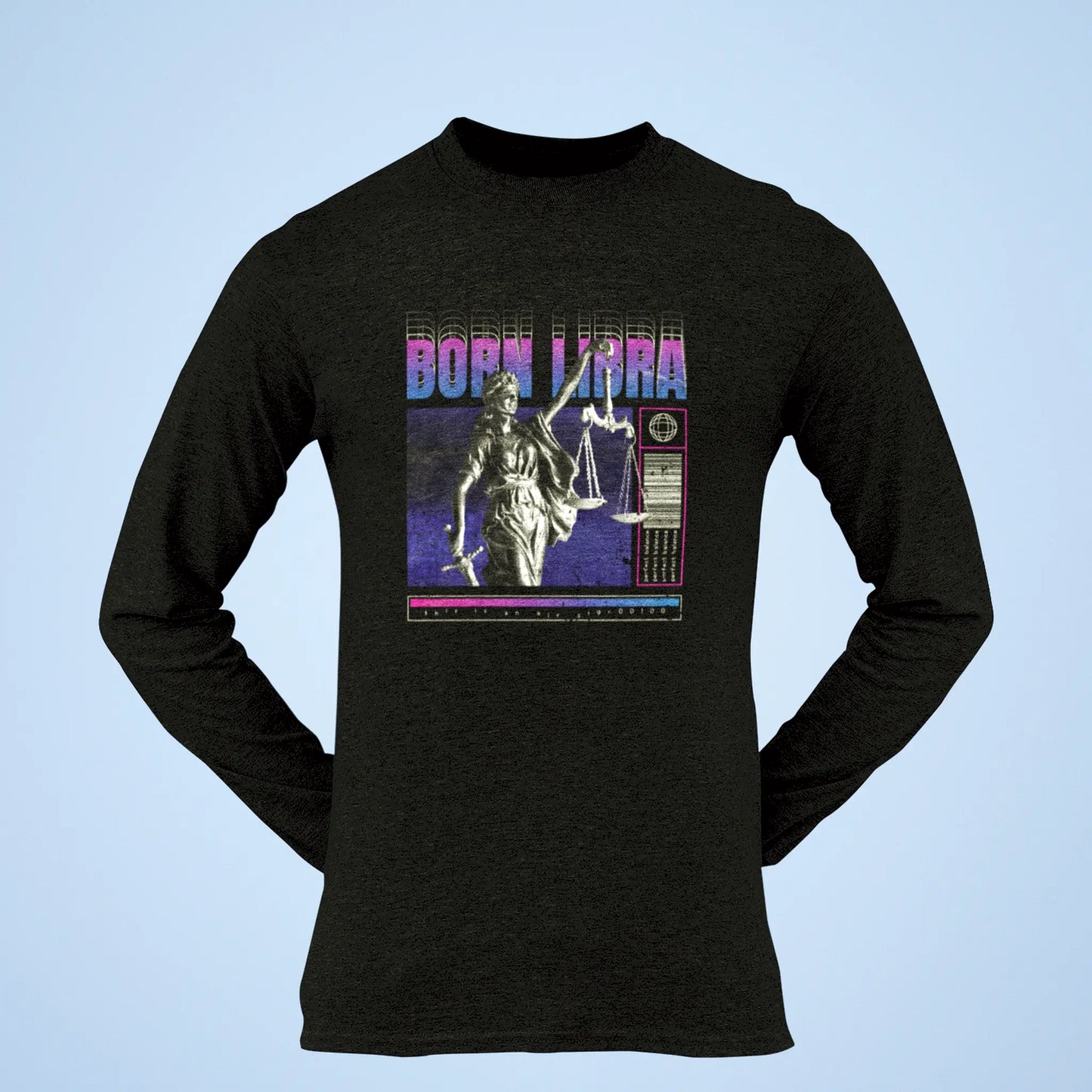 Dark Libra zodiac long sleeve featuring structured fit and repetitive typography about balance and harmony / Σκούρο μακρυμάνικο ζώδιο Ζυγός με δομημένο fit και επαναλαμβανόμενη τυπογραφία για ισορροπία και αρμονία