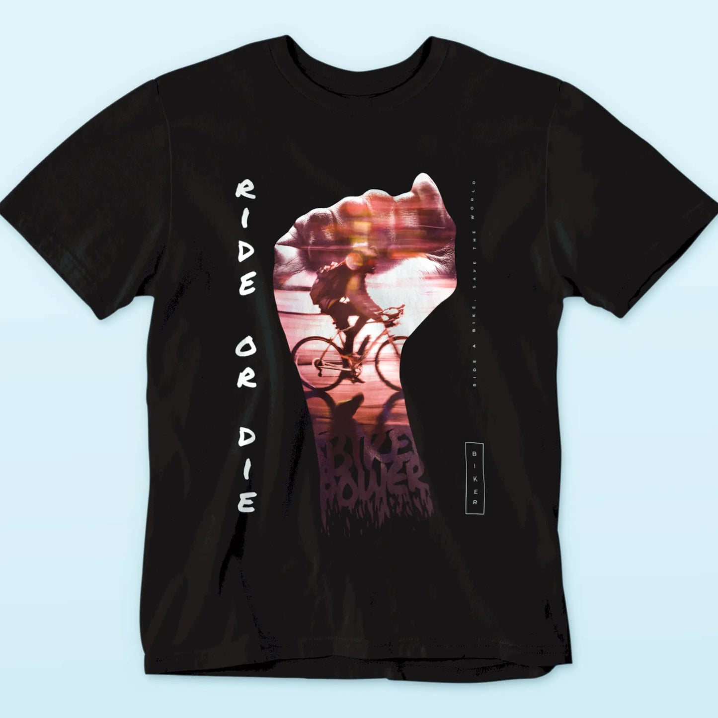 Dark bicycle art t-shirt featuring motion blur cyclist - ποδήλατο streetwear design για passionate bike lovers και urban riders