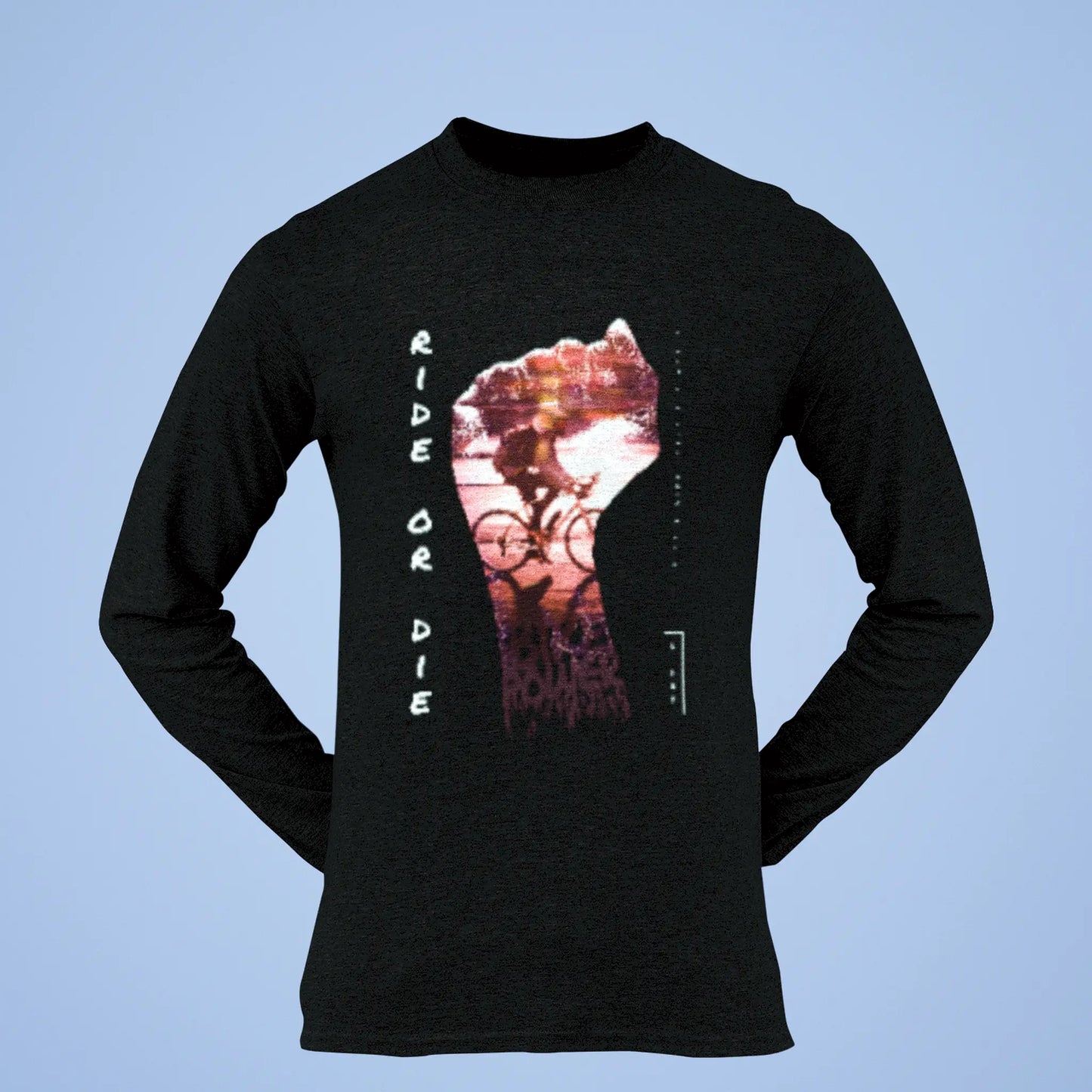 Dark bicycle long sleeve featuring dynamic rider silhouette - ποδήλατο streetwear για urban cycling lifestyle enthusiasts