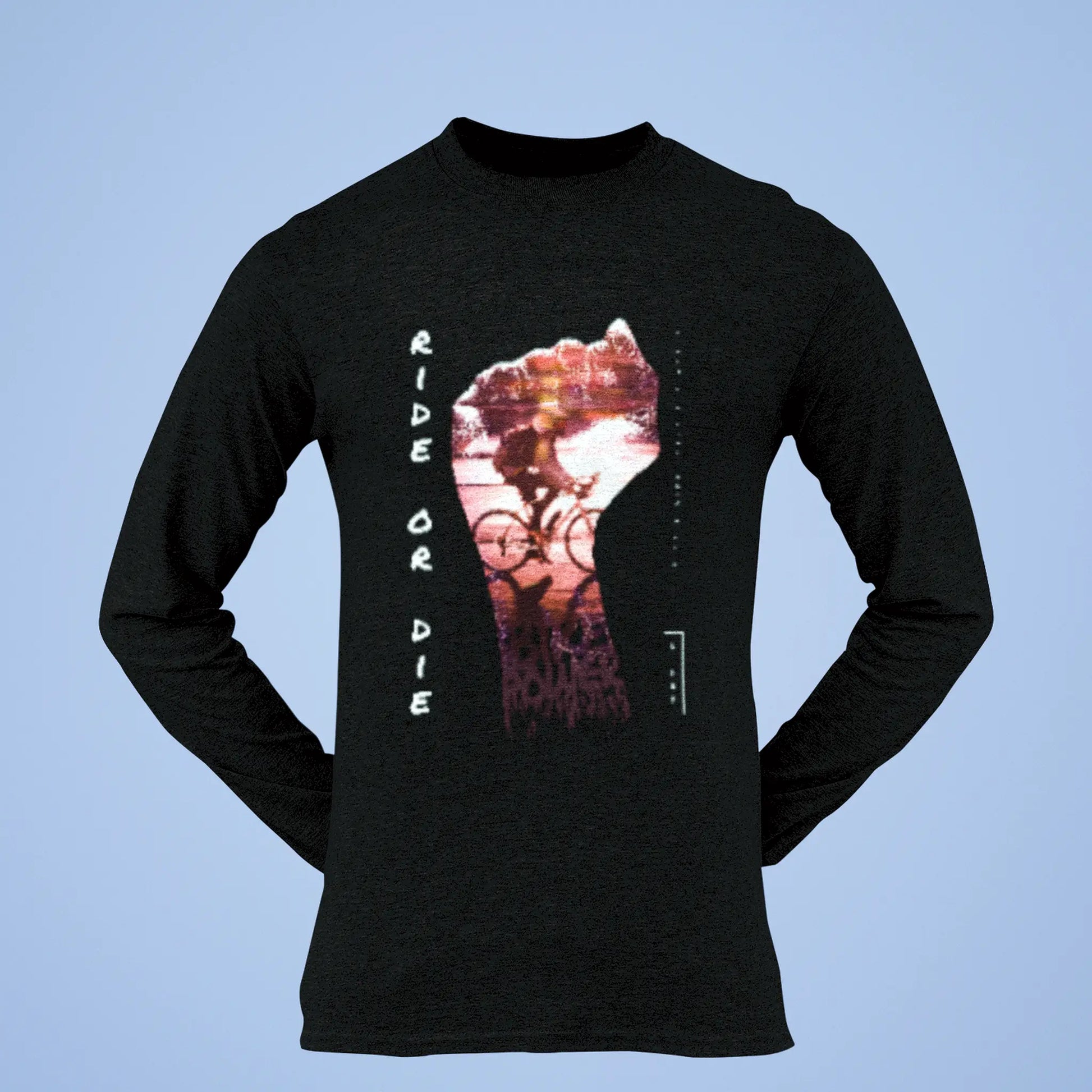 Dark bicycle long sleeve featuring dynamic rider silhouette - ποδήλατο streetwear για urban cycling lifestyle enthusiasts