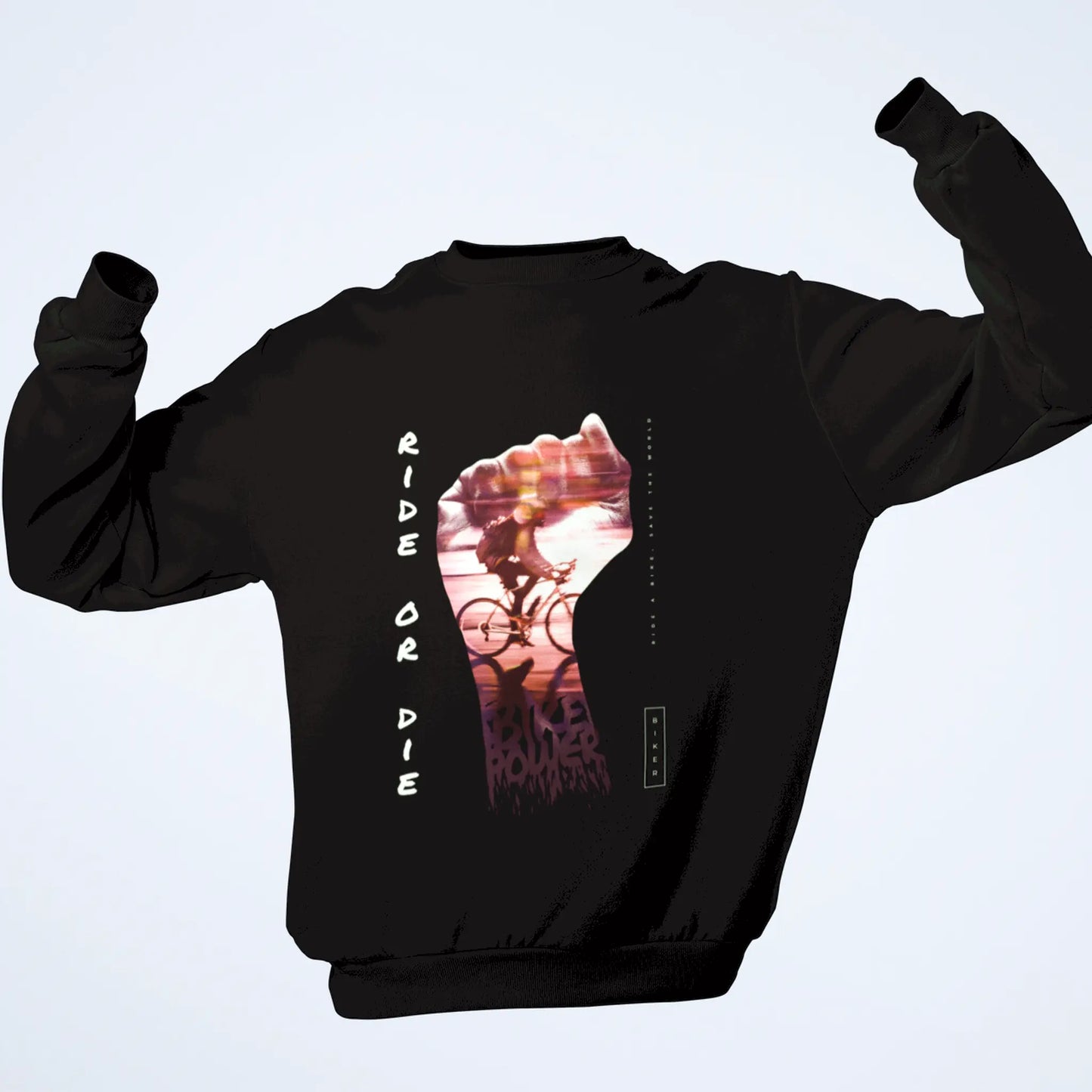 Dark cyclist crewneck με motion blur bicycle art - ride or die φούτερ για passionate ποδηλάτες και urban cycling lifestyle