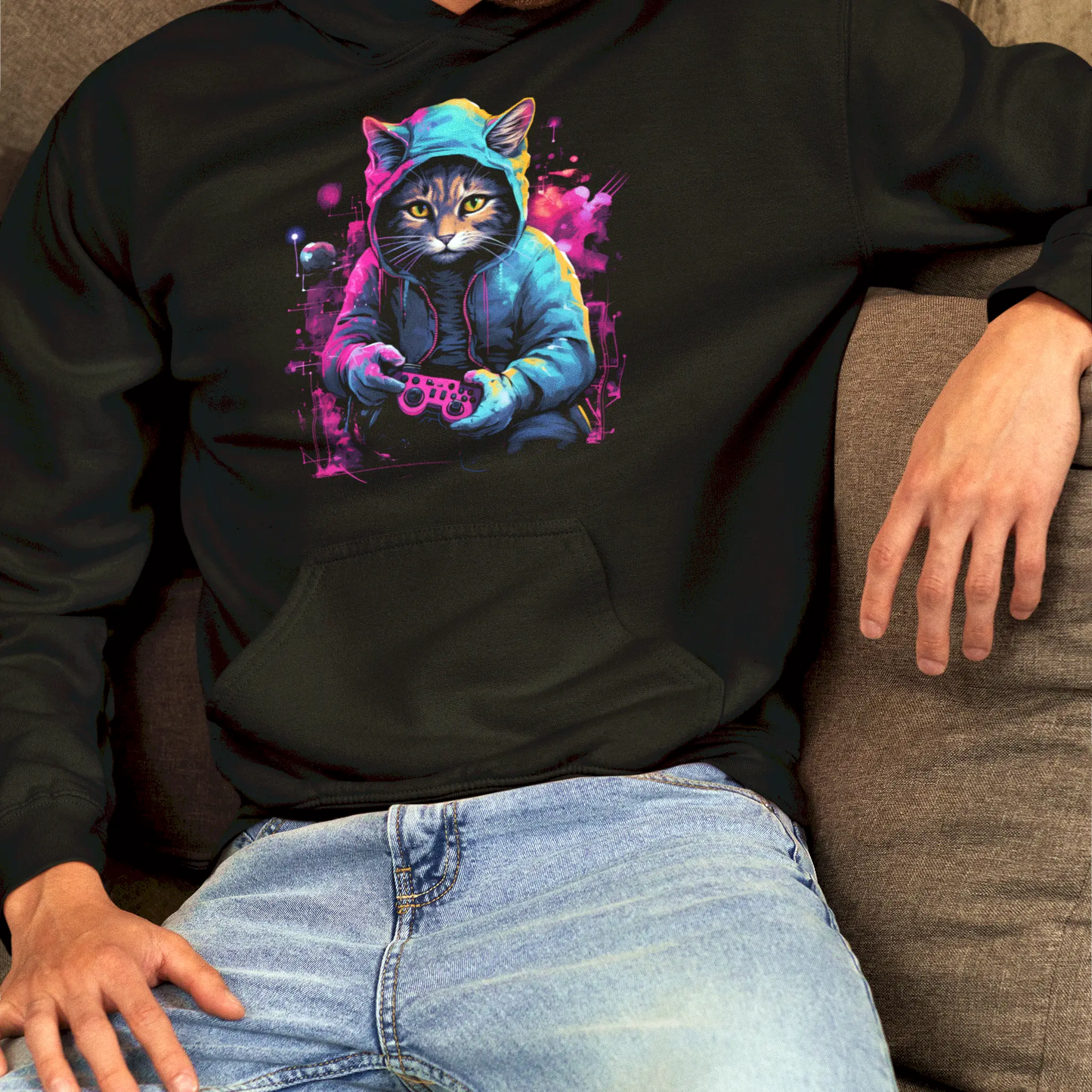 Dark hooded sweatshirt featuring neon gaming culture for street style - σκούρο hooded με νέον gaming κουλτούρα για street στιλ