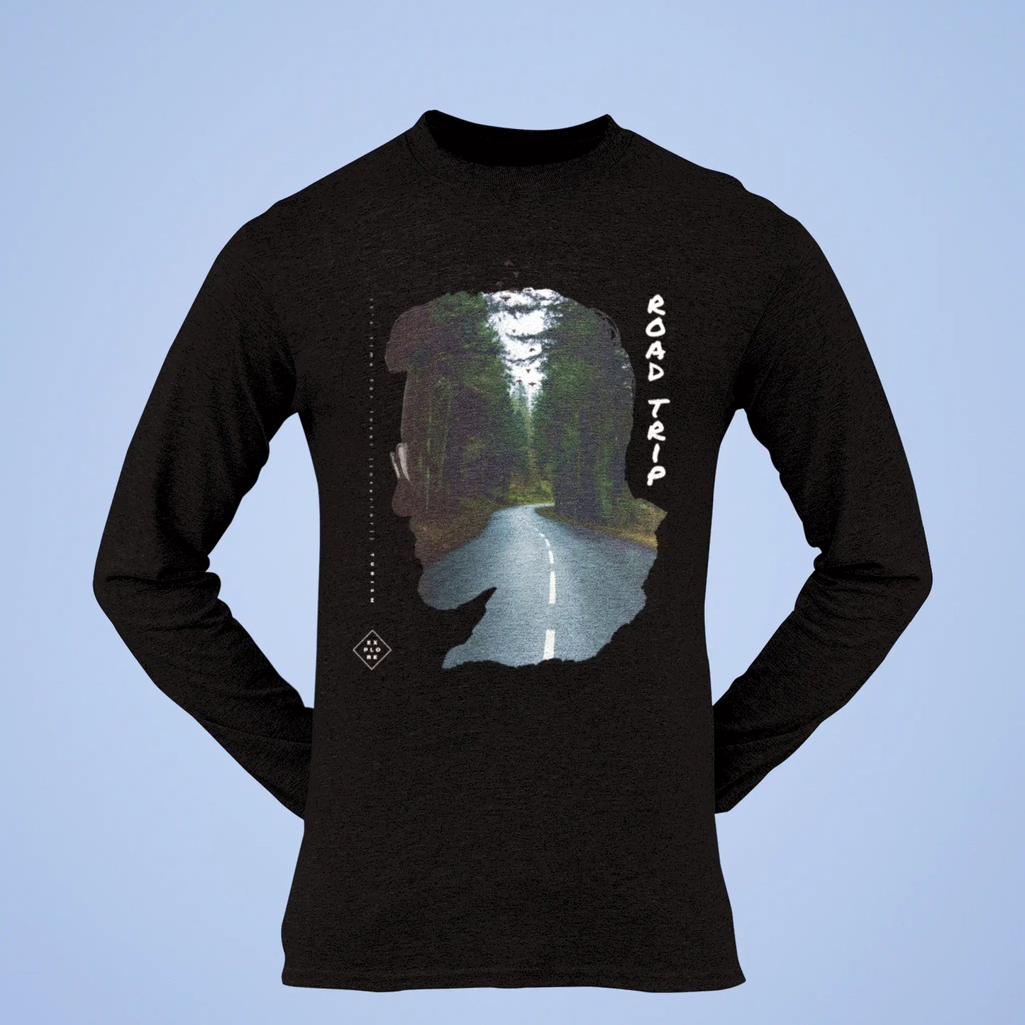 Dark nature long sleeve tee featuring forest road artwork - φυσική ομορφιά σε μακρυμάνικη μπλούζα για adventure seekers και hiking lovers