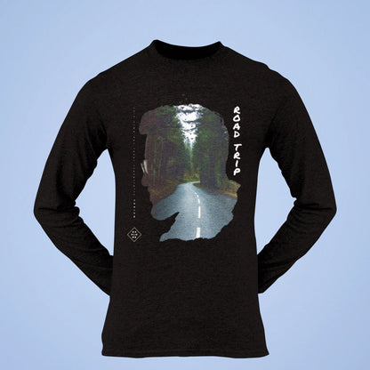 Dark nature long sleeve tee featuring forest road artwork - φυσική ομορφιά σε μακρυμάνικη μπλούζα για adventure seekers και hiking lovers
