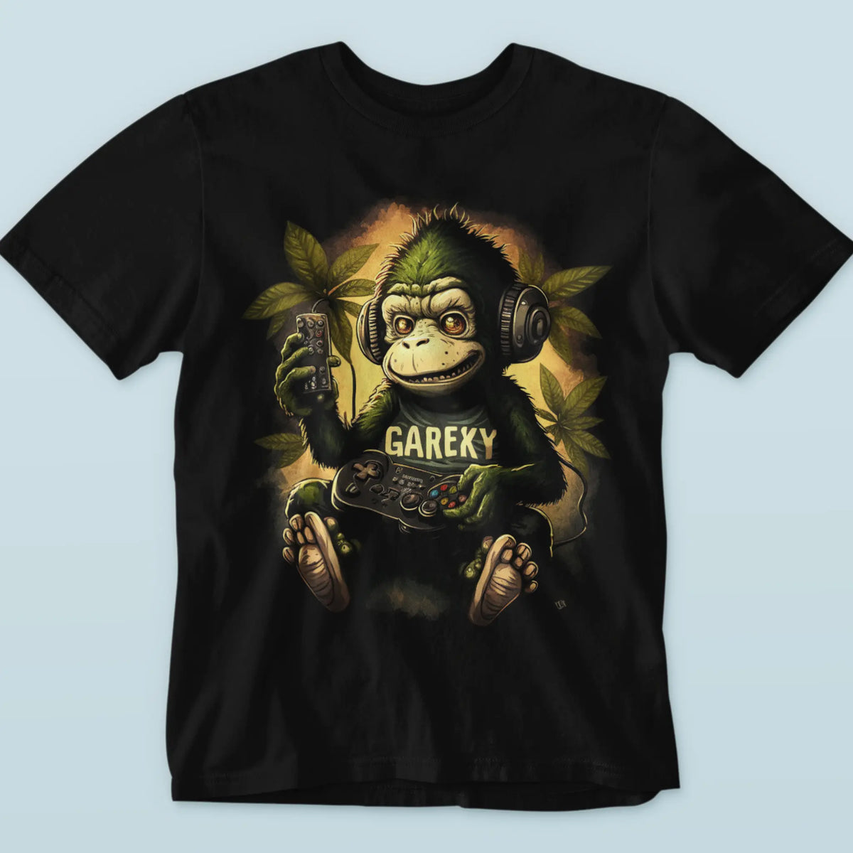 Dark short sleeve streetwear tee featuring a retro gaming ape illustration with headphones. — Σκουρόχρωμη κοντομάνικη streetwear μπλούζα με ρετρό εικονογράφηση πιθήκου gamer με ακουστικά