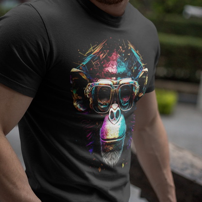 Dark short sleeve tee showcasing a funny pop art ape design. — Σκουρόχρωμη κοντομάνικη μπλούζα που αναδεικνύει ένα χιουμοριστικό pop art σχέδιο πιθήκου