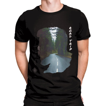 Dark wilderness art t-shirt featuring road through trees - φυσική ομορφιά σε μπλούζα για adventure seekers και nature photography fans
