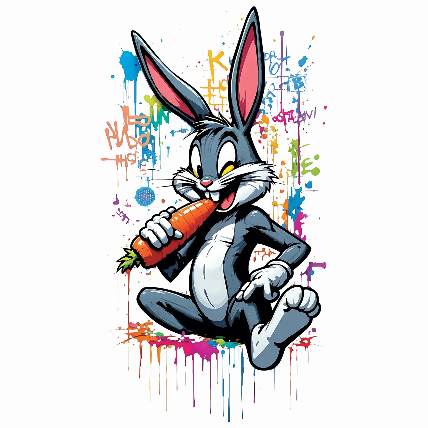 Detailed-graffiti-illustration-του-Bugs-Bunny-να-τρώει-καρότο,-περιτριγυρισμένος-από-πολύχρωμα-splatter,-drips-και-urban-street-art-tags-σε-λευκό-φόντο,-εκπέμποντας-μια-cool-και-επαναστατική-αύρα