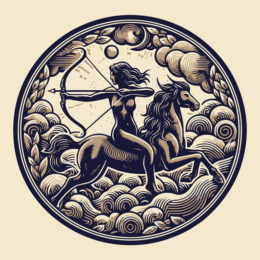 Detailed Sagittarius centaur archer illustration, surrounded by swirling cosmic clouds and mythological patterns. – «Λεπτομερής απεικόνιση ζωδίου Τοξότη με κένταυρο τοξότη, πλαισιωμένη από δίνες κοσμικών νεφών και μυθολογικά μοτίβα.