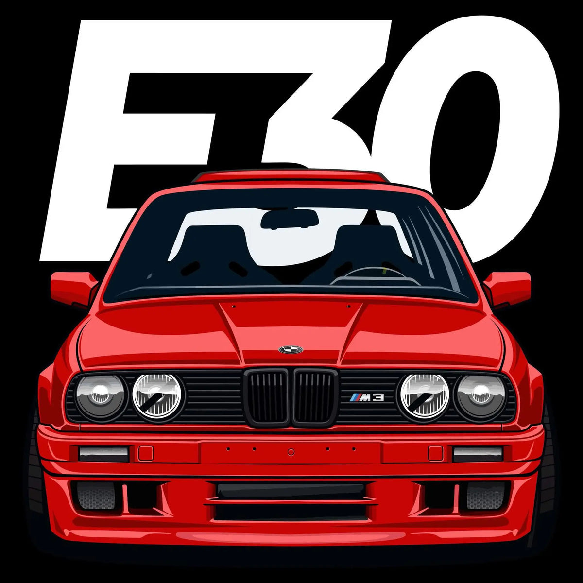 Detailed graphic illustration of a classic red BMW E30 M3 sports car front view with bold "E30" typography in the background against a dark setting. — Λεπτομερής γραφική εικονογράφηση της μπροστινής όψης ενός κλασικού κόκκινου σπορ αυτοκινήτου BMW E30 M3 με έντονη τυπογραφία "E30" στο background σε σκούρο φόντο