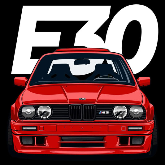 Detailed graphic illustration of a classic red BMW E30 M3 sports car front view with bold "E30" typography in the background against a dark setting. — Λεπτομερής γραφική εικονογράφηση της μπροστινής όψης ενός κλασικού κόκκινου σπορ αυτοκινήτου BMW E30 M3 με έντονη τυπογραφία "E30" στο background σε σκούρο φόντο