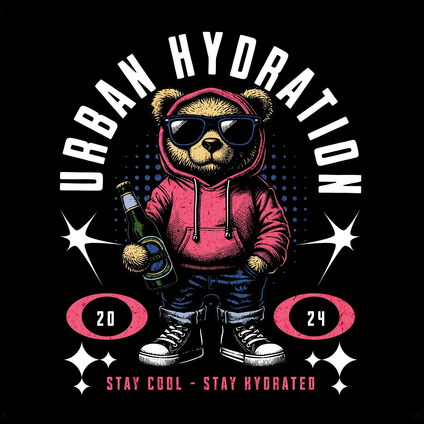 Detailed graphic illustration of a cute and stylish teddy bear character wearing a backpack and holding a beer, representing a modern urban hydration theme