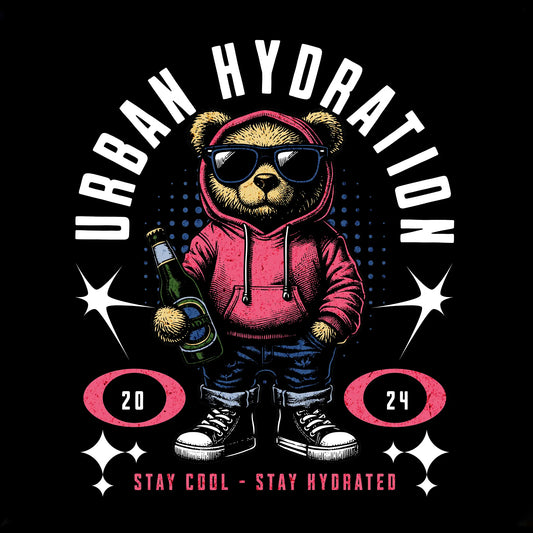 Detailed graphic illustration of a cute and stylish teddy bear character wearing a backpack and holding a beer, representing a modern urban hydration theme