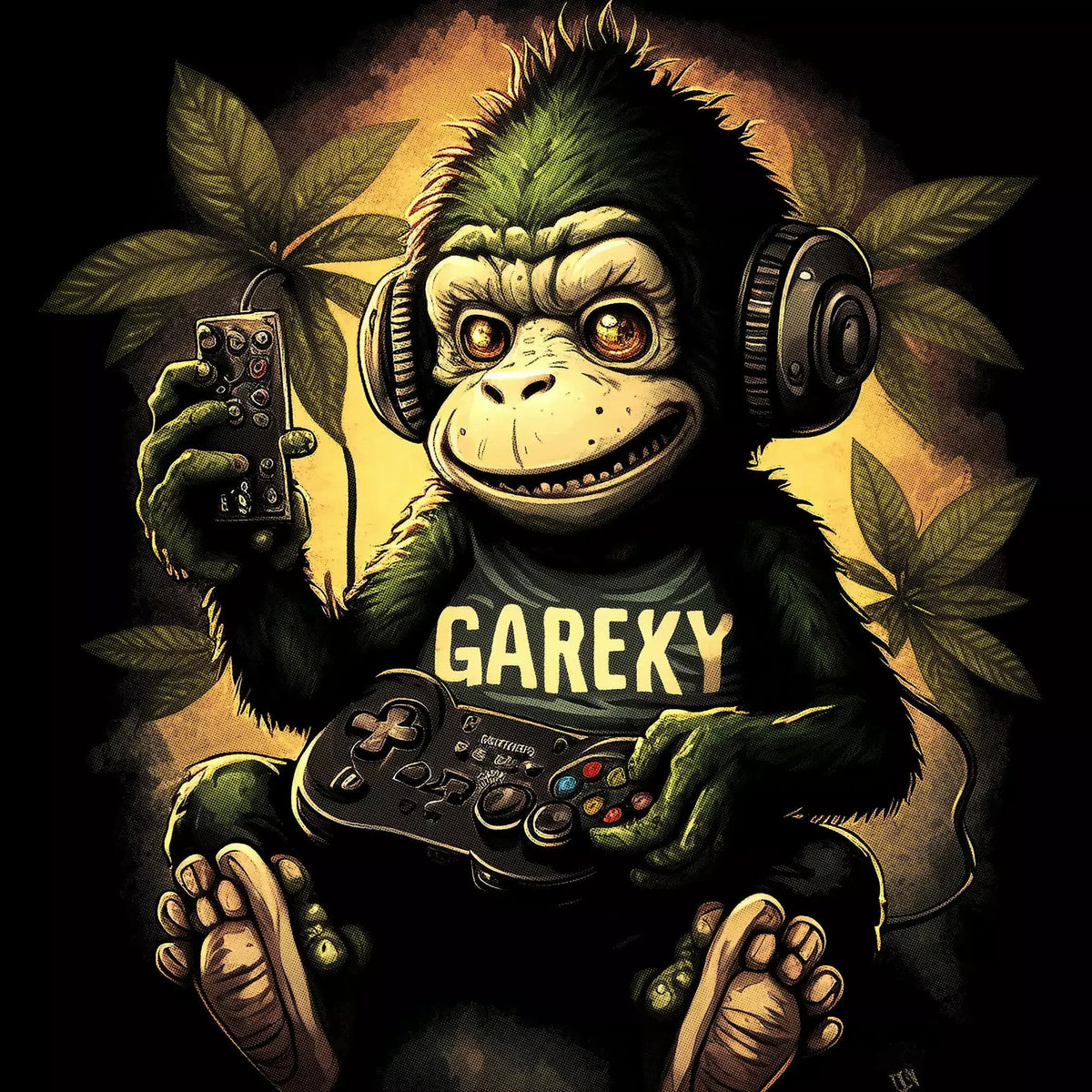 Detailed halftone dot art illustration of a retro gaming chimp wearing headphones and holding a game controller with warm golden background tones in comic pop art style. — Λεπτομερής εικονογράφηση με κουκκίδες (halftone) μιας ρετρό μαϊμούς gamer που φοράει ακουστικά και κρατάει χειριστήριο παιχνιδιών σε ζεστούς χρυσαφένιους τόνους φόντου σε στυλ comic pop art