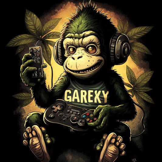 Detailed halftone dot art illustration of a retro gaming chimp wearing headphones and holding a game controller with warm golden background tones in comic pop art style. — Λεπτομερής εικονογράφηση με κουκκίδες (halftone) μιας ρετρό μαϊμούς gamer που φοράει ακουστικά και κρατάει χειριστήριο παιχνιδιών σε ζεστούς χρυσαφένιους τόνους φόντου σε στυλ comic pop art